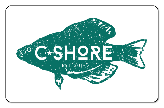 C Shore logo placed over teal fish, card has white background